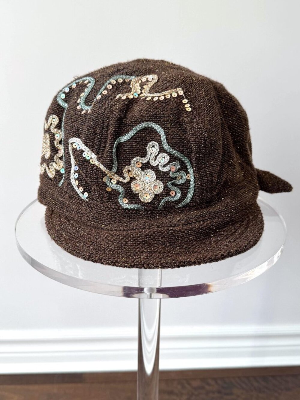 y2k vintage new brown sparkly sequin embroidered tweed cabbie hat cadet cap